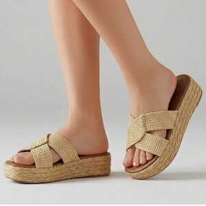 Zodiac Izzy Platform Slide Sandals Womens 5.5 Natural Woven Espadrille Boho Chic